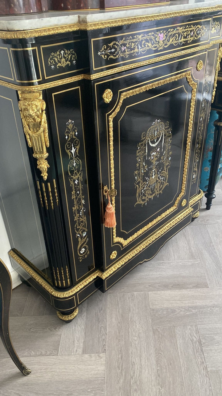 Mother of pearl inlaid ebonised cabinet with gilt bronze mounts and Carrara marble top by Nwtiques