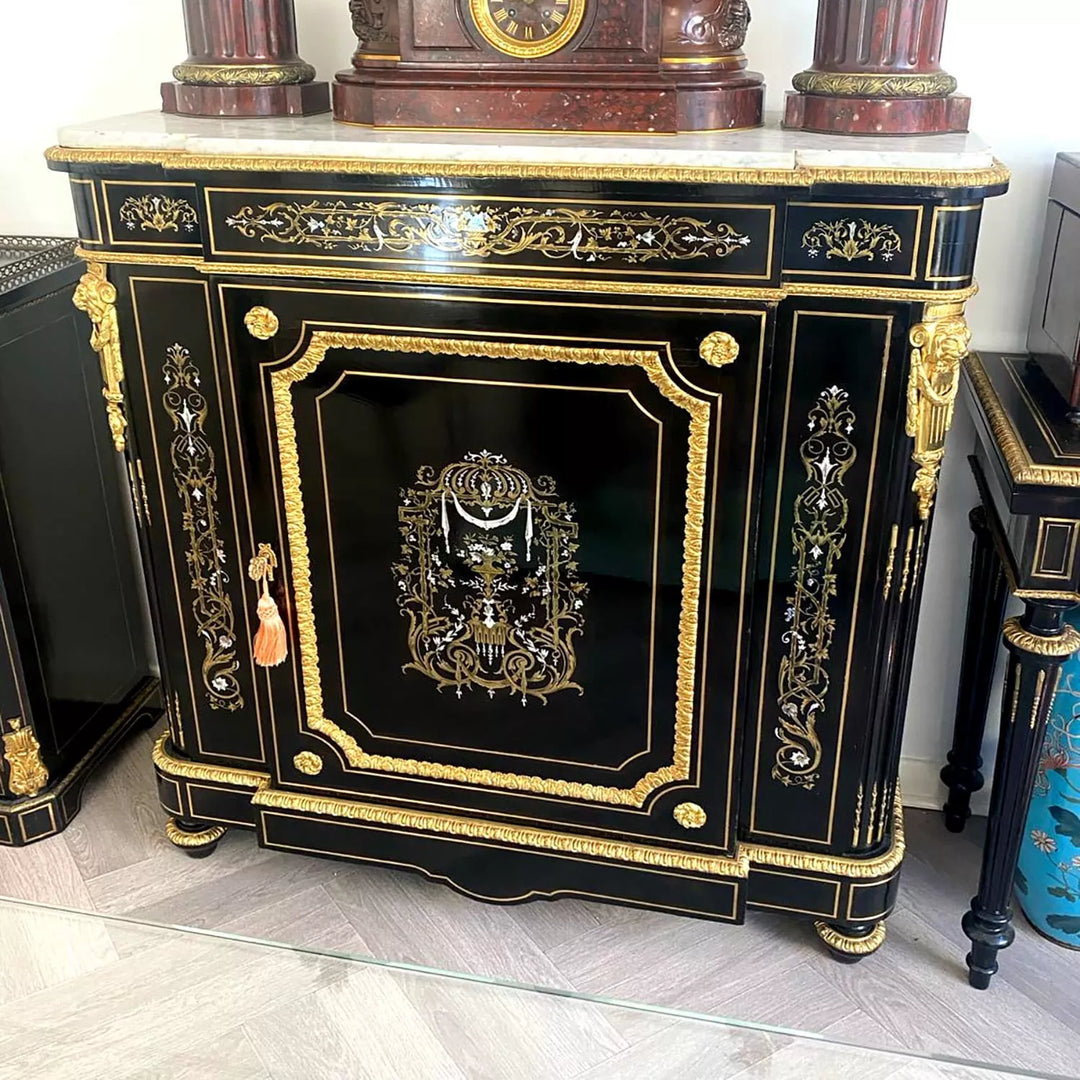 Mother of pearl inlaid ebonised cabinet with gilt bronze detailing by Nwtiques