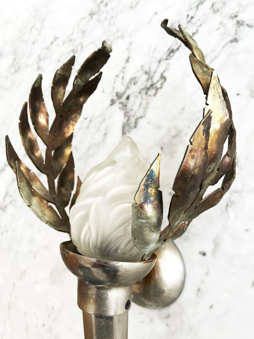 Pair of Olympia Wall Lights with frosted glass domes and forged iron leaves by Nwtiques