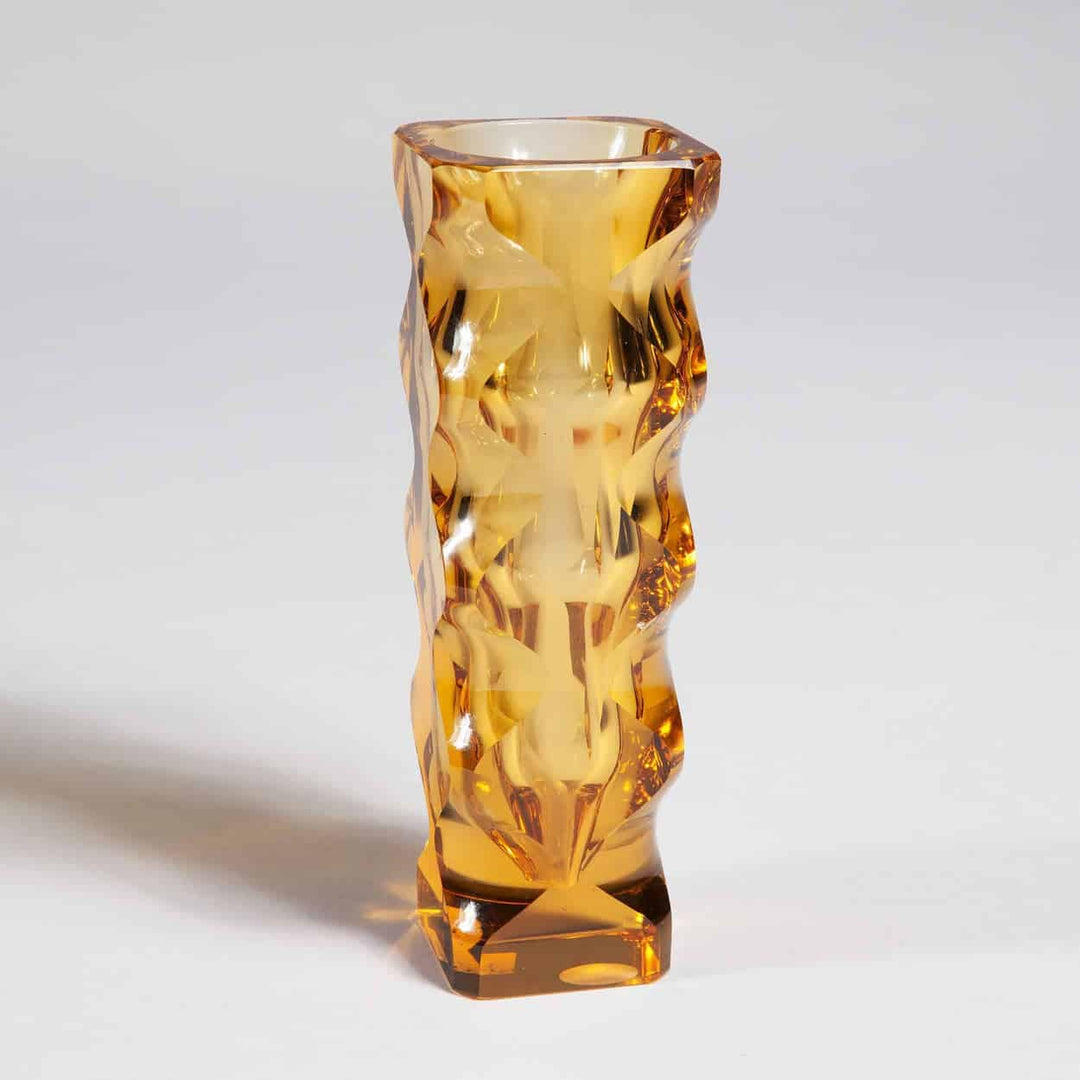 Single amber mid century Bohemian cut glass vase by Collection TH20 with intricate facets and polished finish