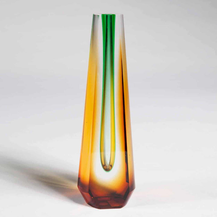Tall mid century Bohemian coloured glass vase with green and amber hues from Collection TH20