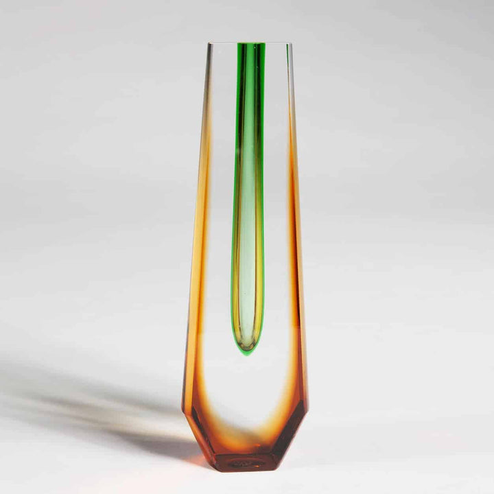 Mid century Bohemian coloured glass vase with green core and amber exterior by Collection TH20