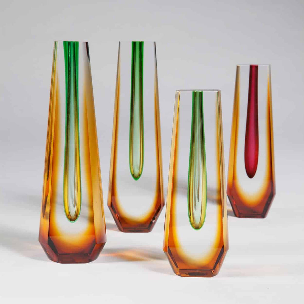 Five elegant mid century Bohemian coloured glass vases with vibrant hues by Collection TH20