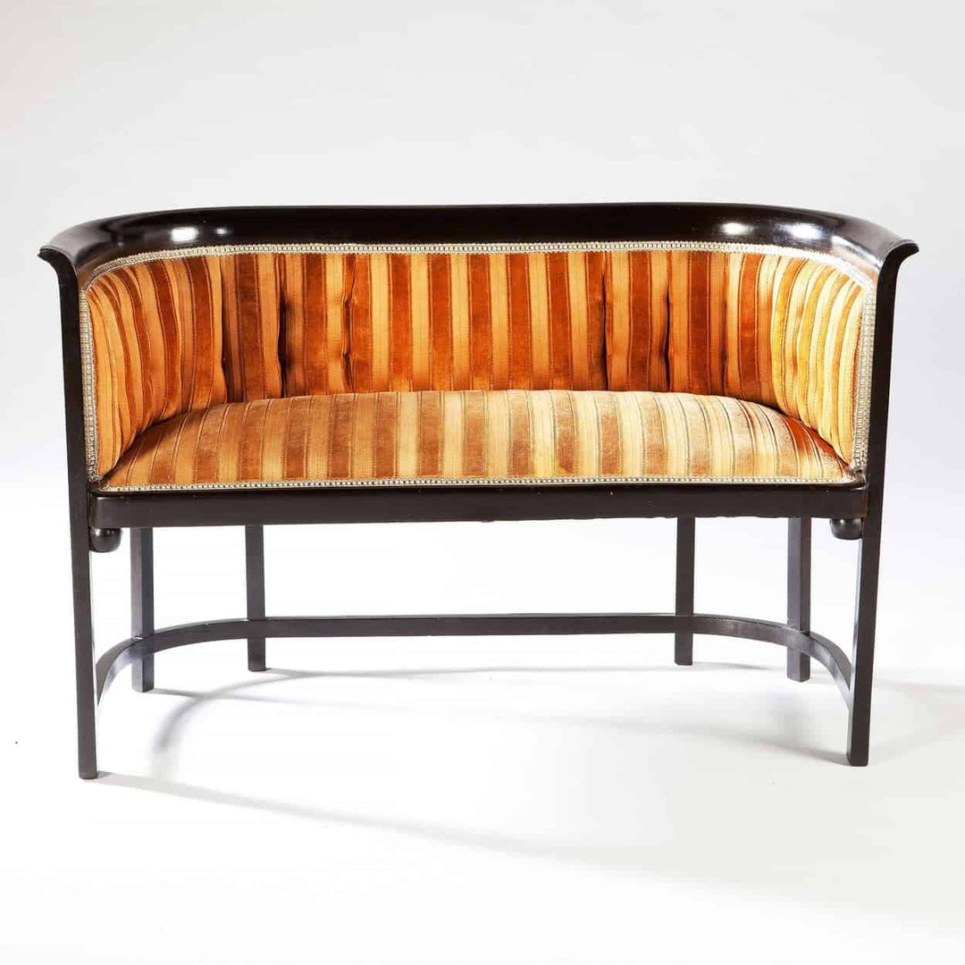 Ebonised Viennese Secessionist settee with striped velvet upholstery from Collection TH20, circa 1910, Austrian design.