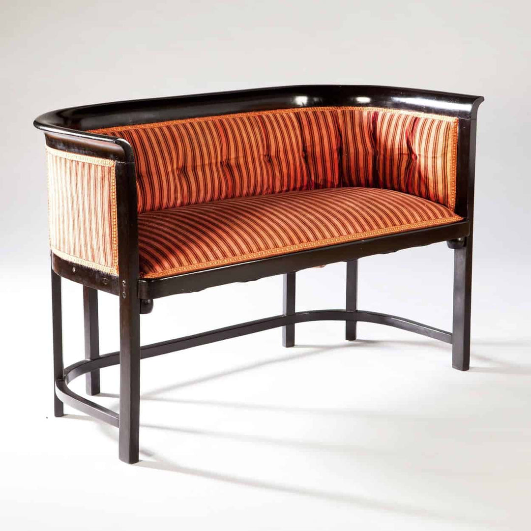 Ebonised Viennese Secessionist settee with striped velvet upholstery by Collection TH20, circa 1910.