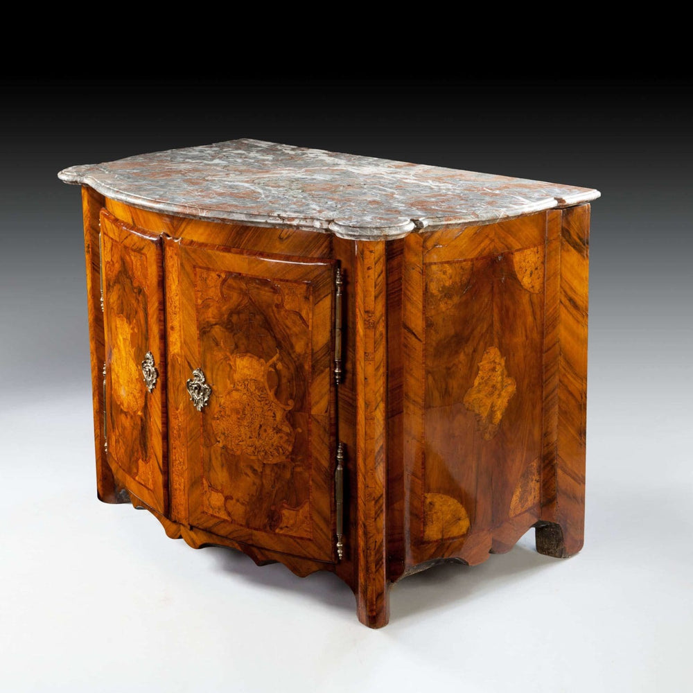 Magnificent French Louis XIV walnut cabinet with Breccia marble top by Nwtiques, circa 1700.