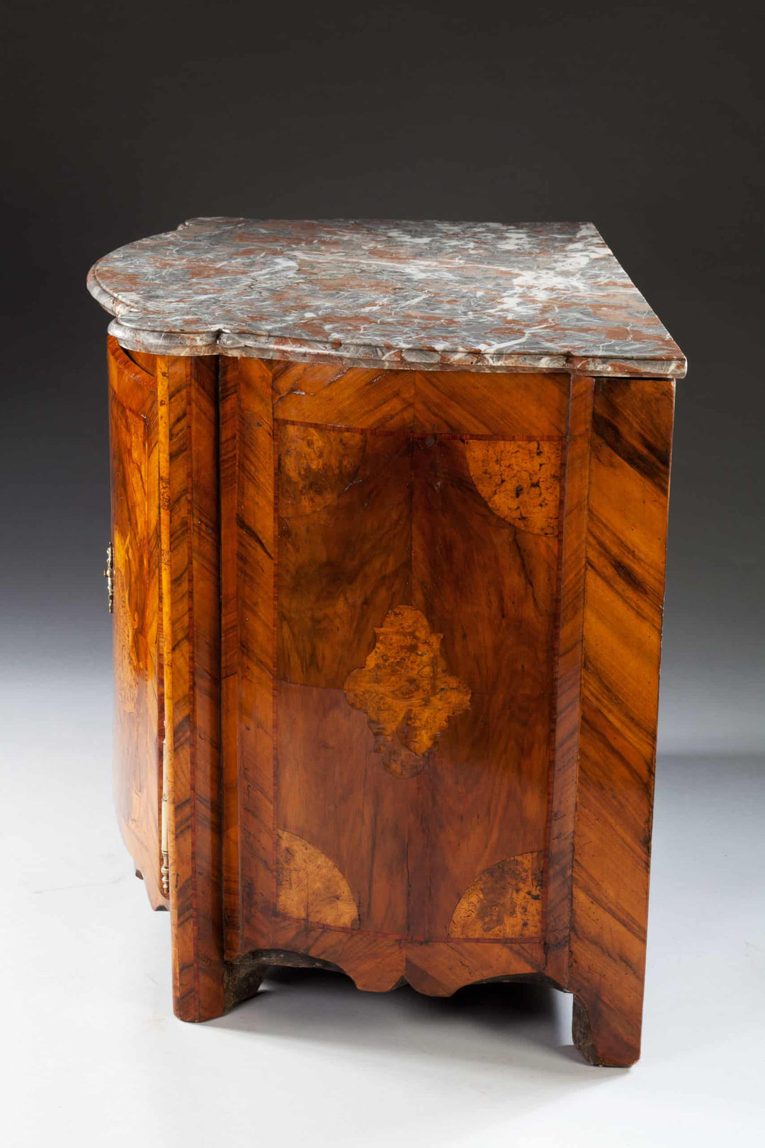 Side view of French Louis XIV walnut cabinet with Breccia marble top by Nwtiques