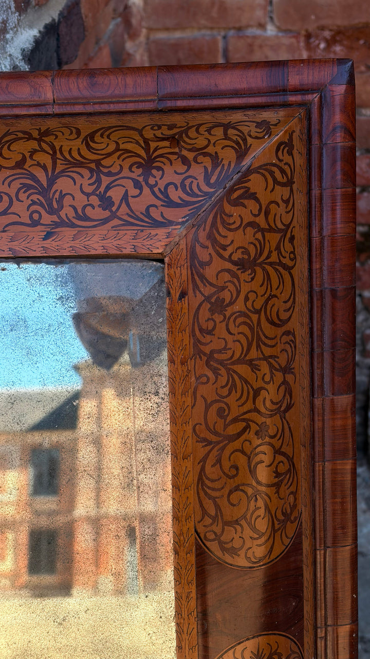 A Rare William & Mary Seaweed Marquetry Mirror with Original Vauxhall Plate