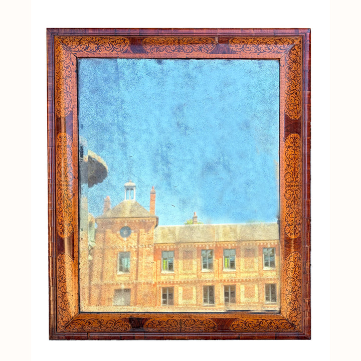 A Rare William & Mary Seaweed Marquetry Mirror with Original Vauxhall Plate