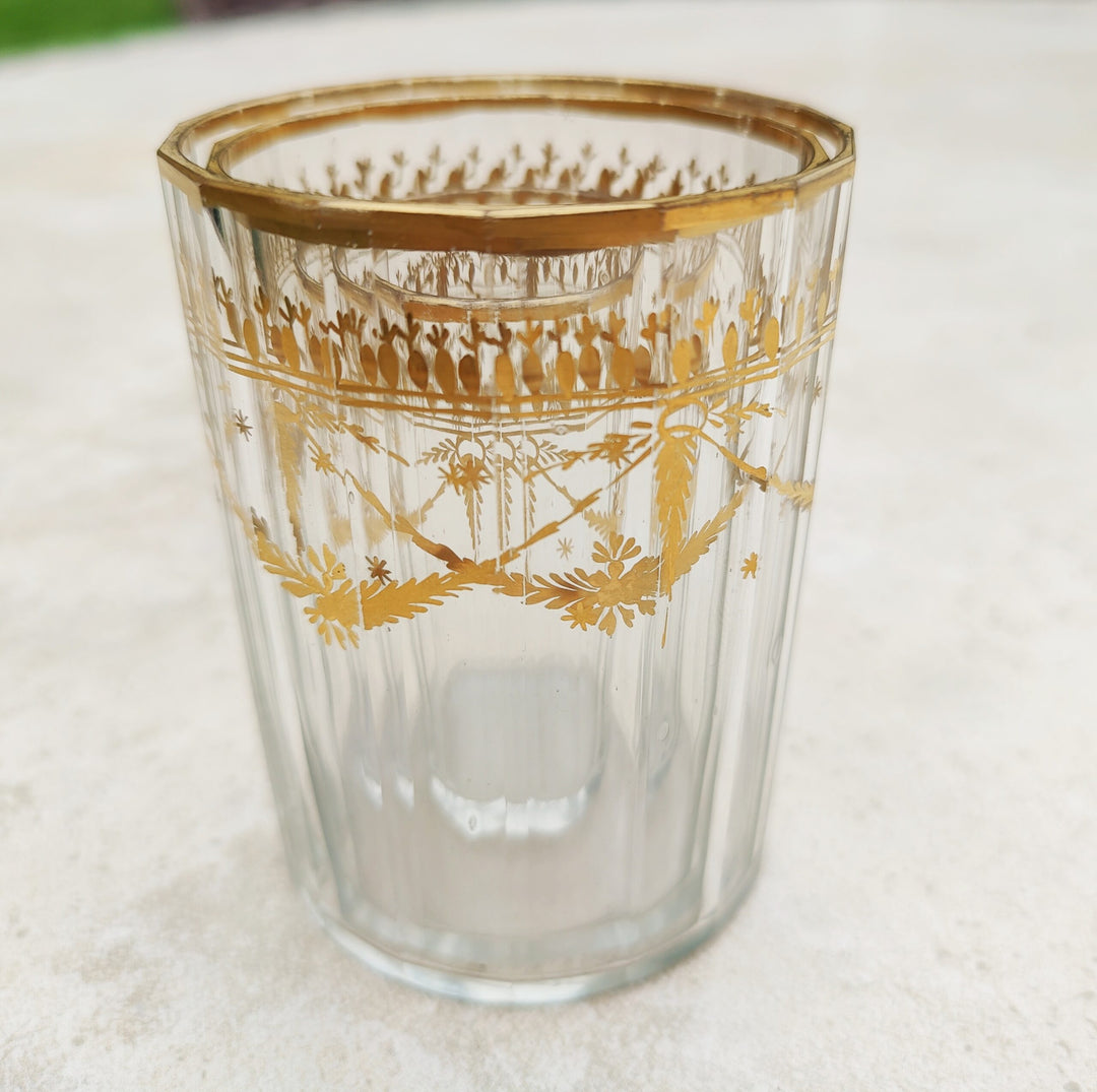 Bohemian gilt beaker with faceted sides and floral garland decoration by Nwtiques circa 1780