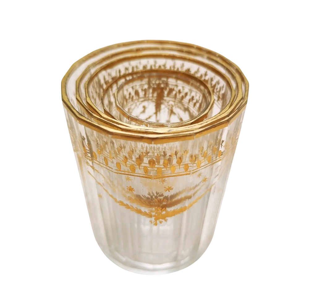 Set of five Bohemian gilt beakers with floral garlands by Nicholas Wells Antiques, circa 1780, clear faceted glass