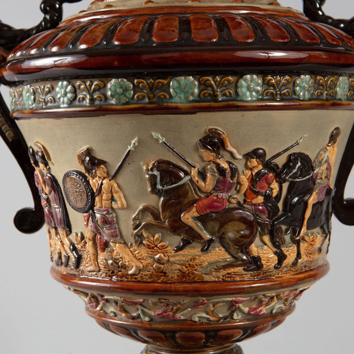 Close-up of Romantic Bohemian Neo-classical vase with detailed mythological scene by Collection TH20