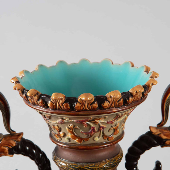 Exquisite Romantic Bohemian Neo-classical vase with turquoise interior and ornate relief, Collection TH20 craftsmanship.