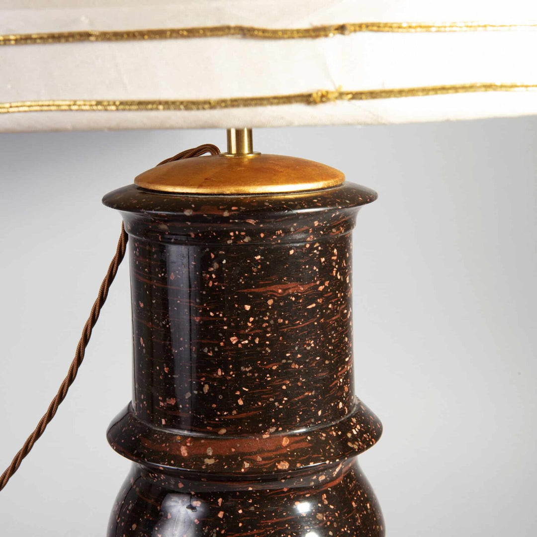 A rare large scale Swedish porphyry vase as a lamp with cylindrical body and turned pedestal plinth, circa 1820.