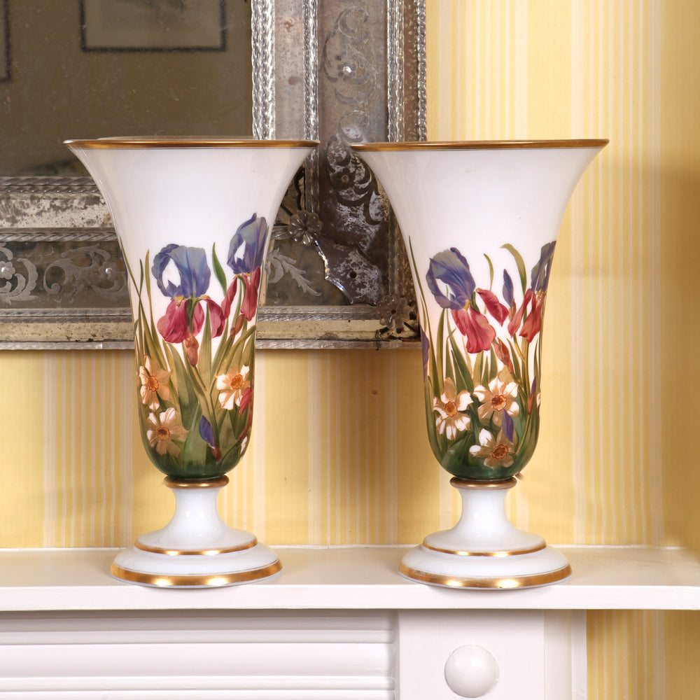 Pair of opaline glass vases with hand-painted irises and narcissi, now table lamps by Collection TH30 circa 1850.