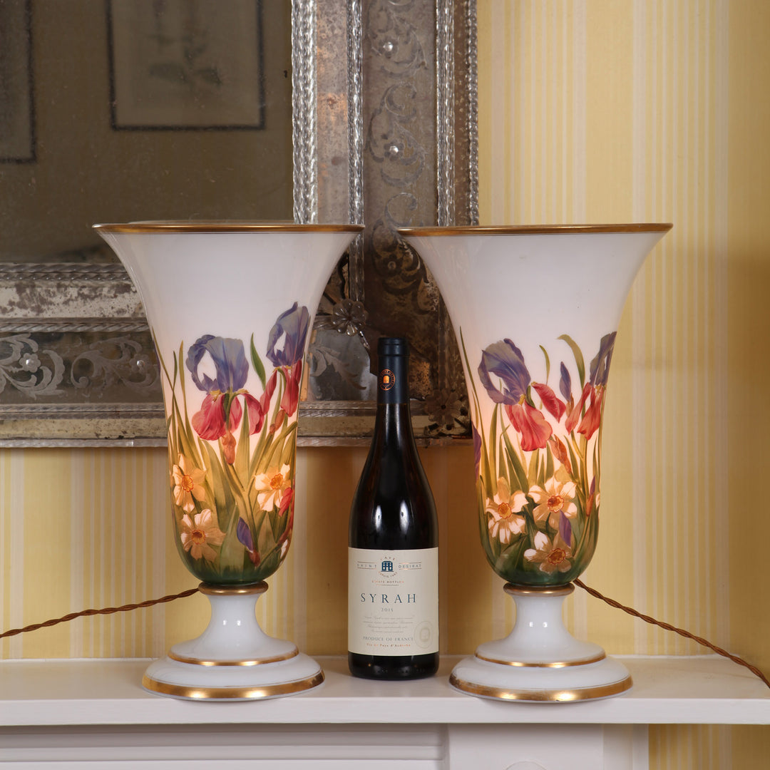 Pair of opaline glass vases with hand-painted irises and narcissi, illuminated as table lamps by Collection TH30.