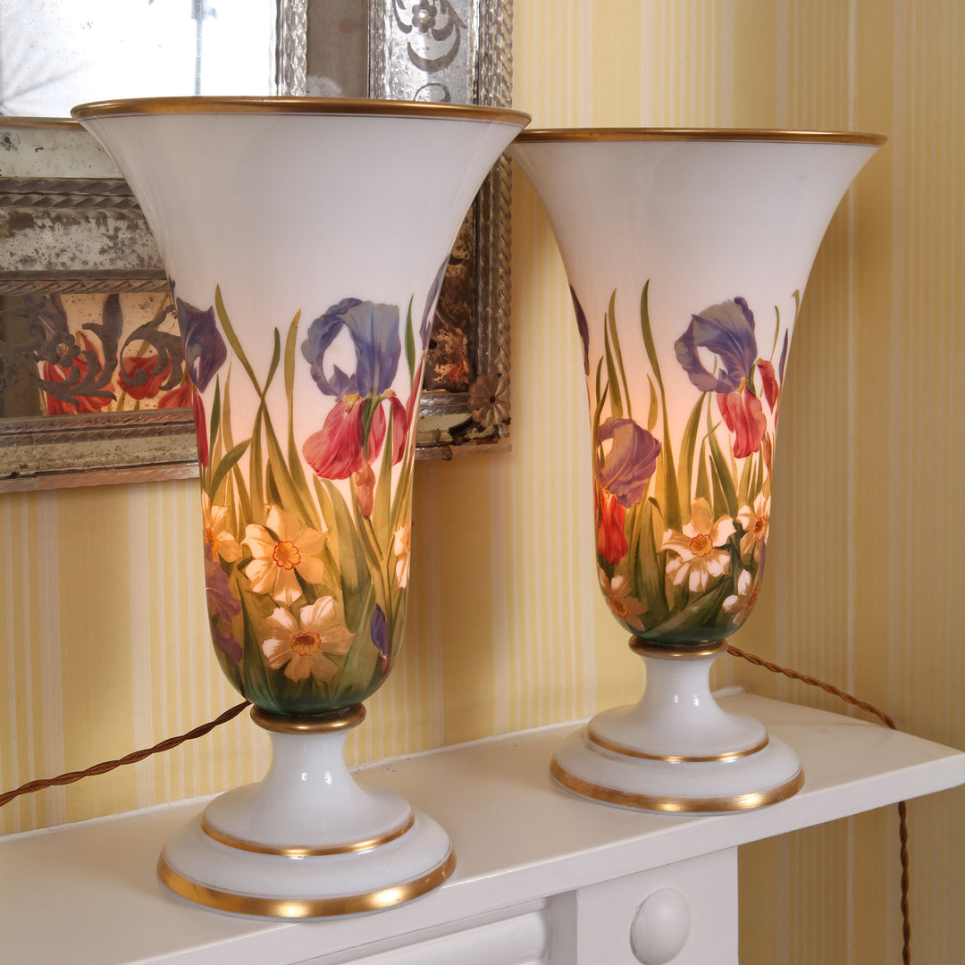Pair of opaline glass vases with painted irises and narcissi illuminated as table lamps Collection TH30