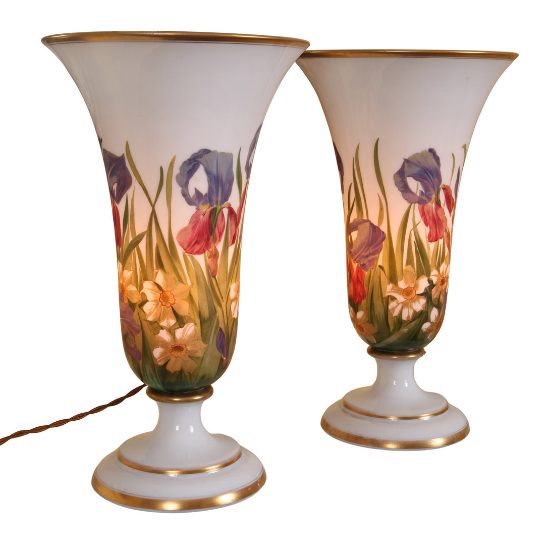 Pair of opaline glass vases with hand-painted irises and narcissi by Collection TH30, lit as elegant table lamps.