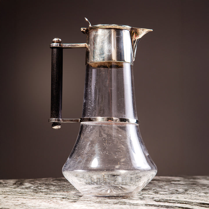 Glass and silver plated claret jug with wooden handle by Collection TH30, elegant design by Dr Christopher Dresser