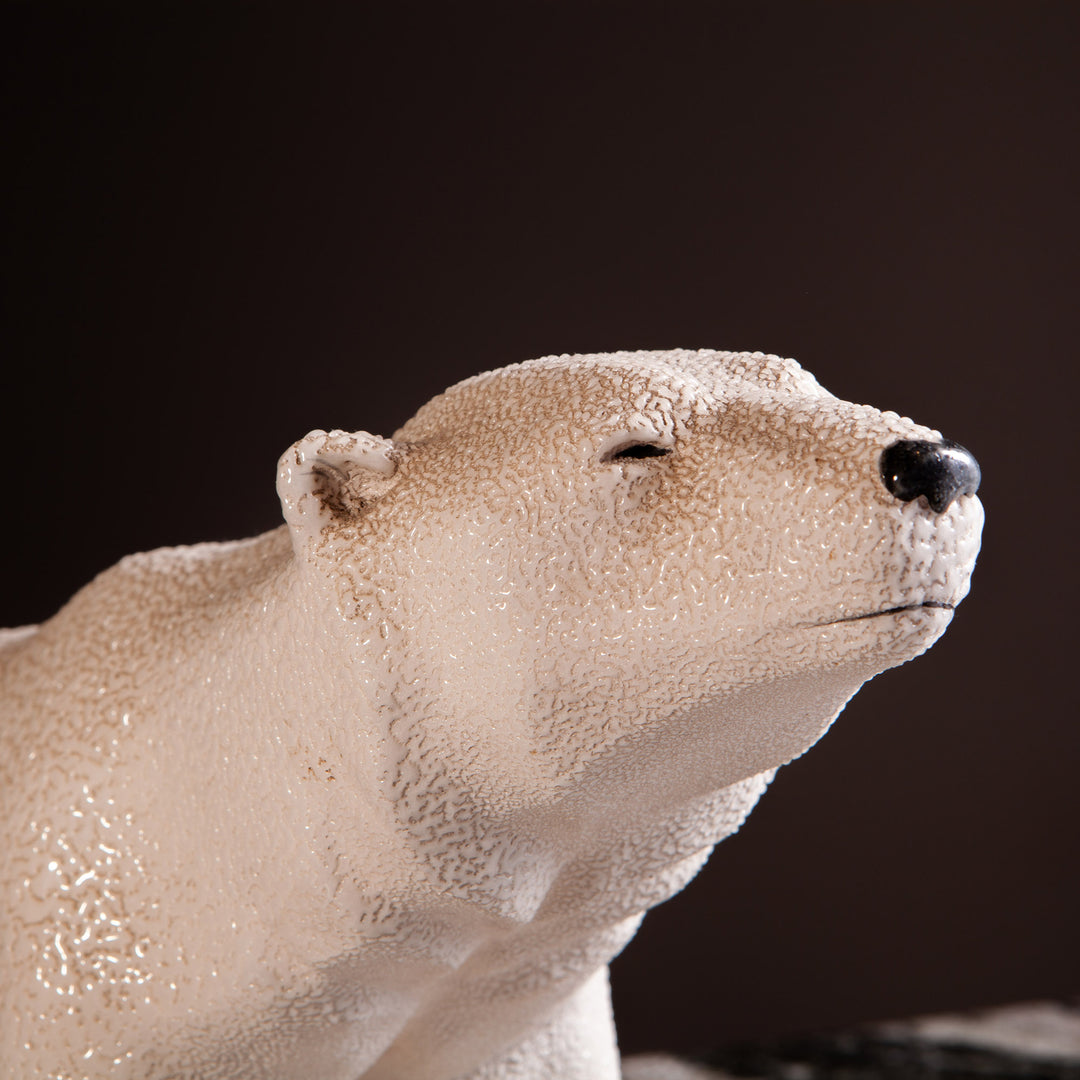 White ceramic polar bear with textured shagreen enamel from Collection TH30, elegant art piece, 28 cm tall