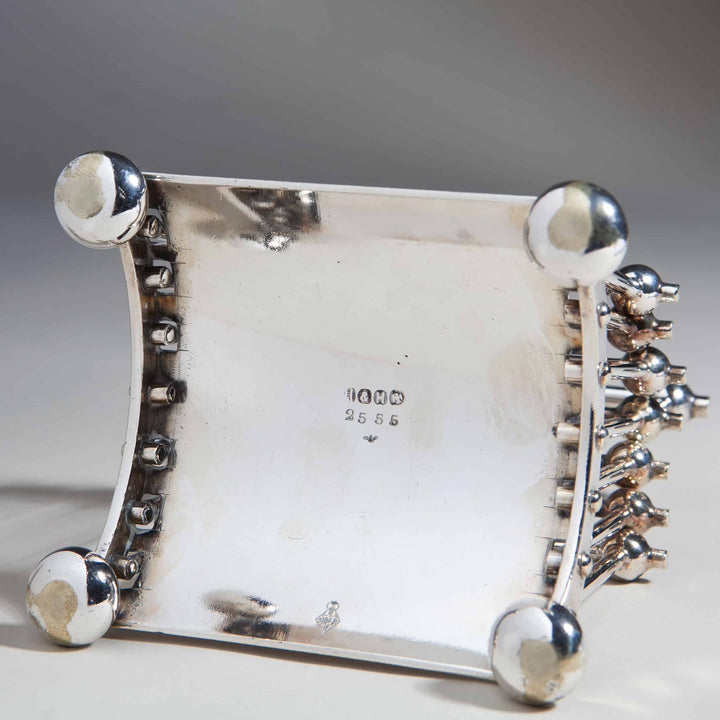 Hukin and Heath articulated silver letter rack bottom view with hallmarks sold by Nwtiques