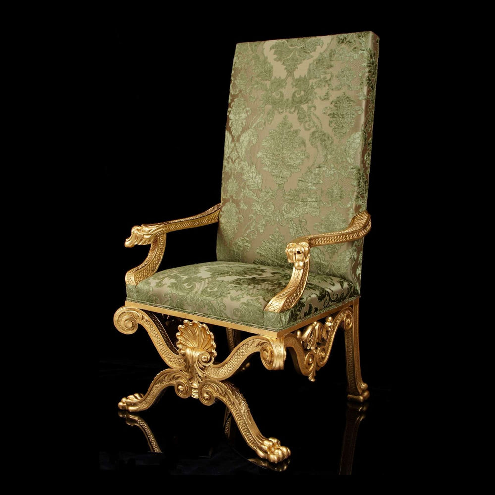 19th century giltwood throne chair by Nicholas Wells Antiques with green embroidered silk velvet upholstery