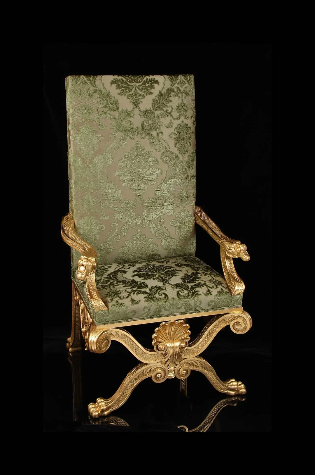 19th-century giltwood throne chair by Nicholas Wells Antiques with embroidered silk velvet and ornate carved details