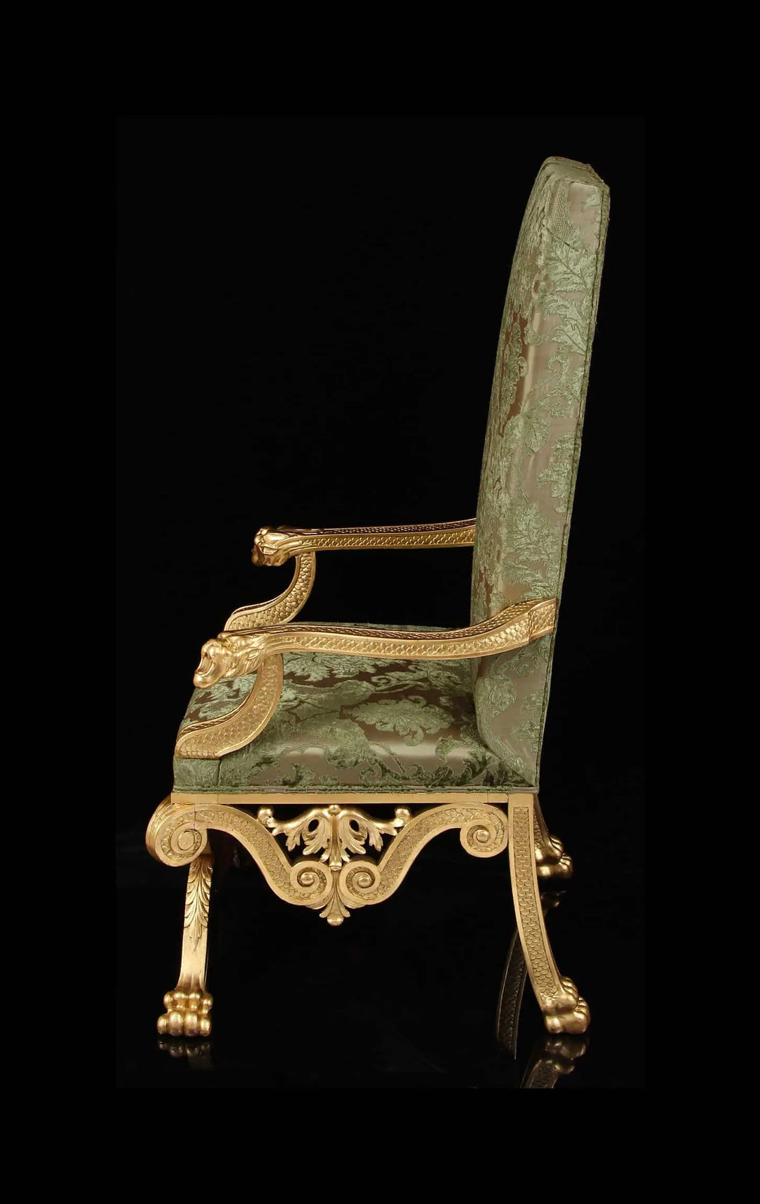 19th century giltwood throne chair after William Kent with embroidered silk velvet upholstery by Nicholas Wells Antiques