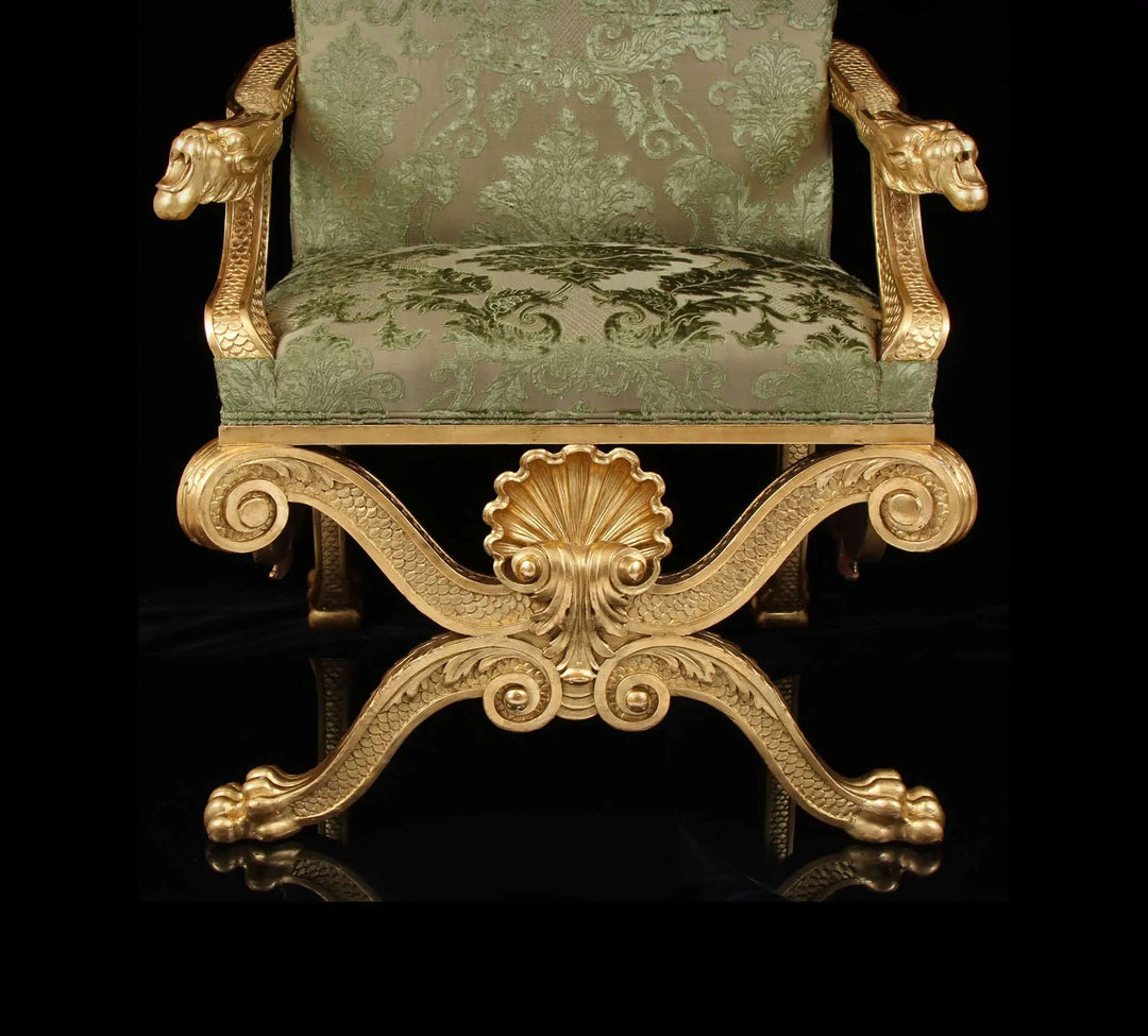 19th century giltwood throne chair with embroidered silk velvet upholstery by Nicholas Wells Antiques