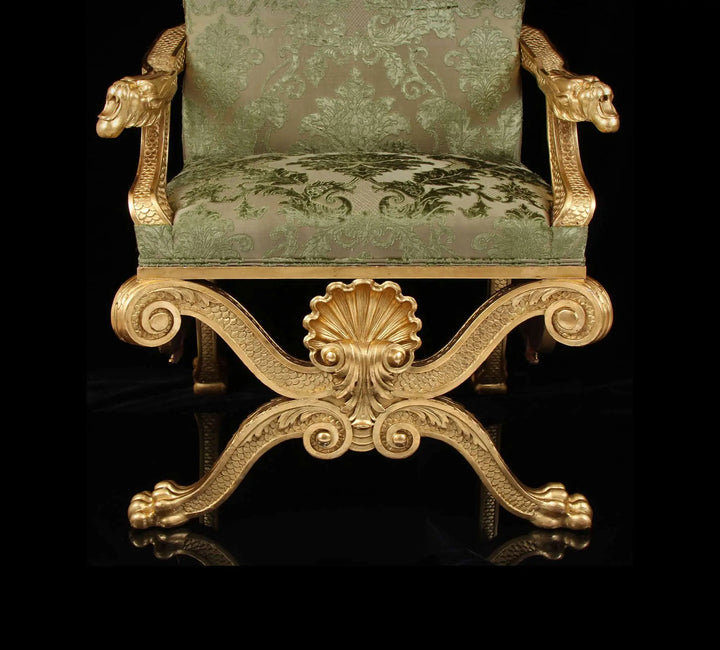 19th century giltwood throne chair with embroidered silk velvet upholstery by Nicholas Wells Antiques