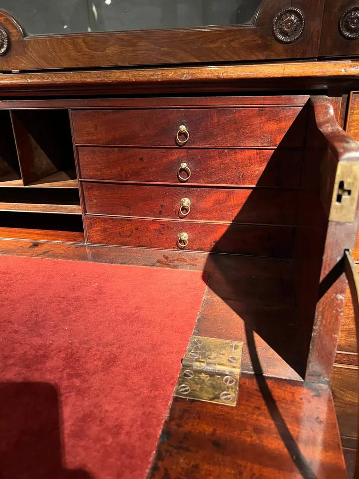 Close-up of Ince and Mayhew George III secretaire drawers and red desk interior by Nwtiques
