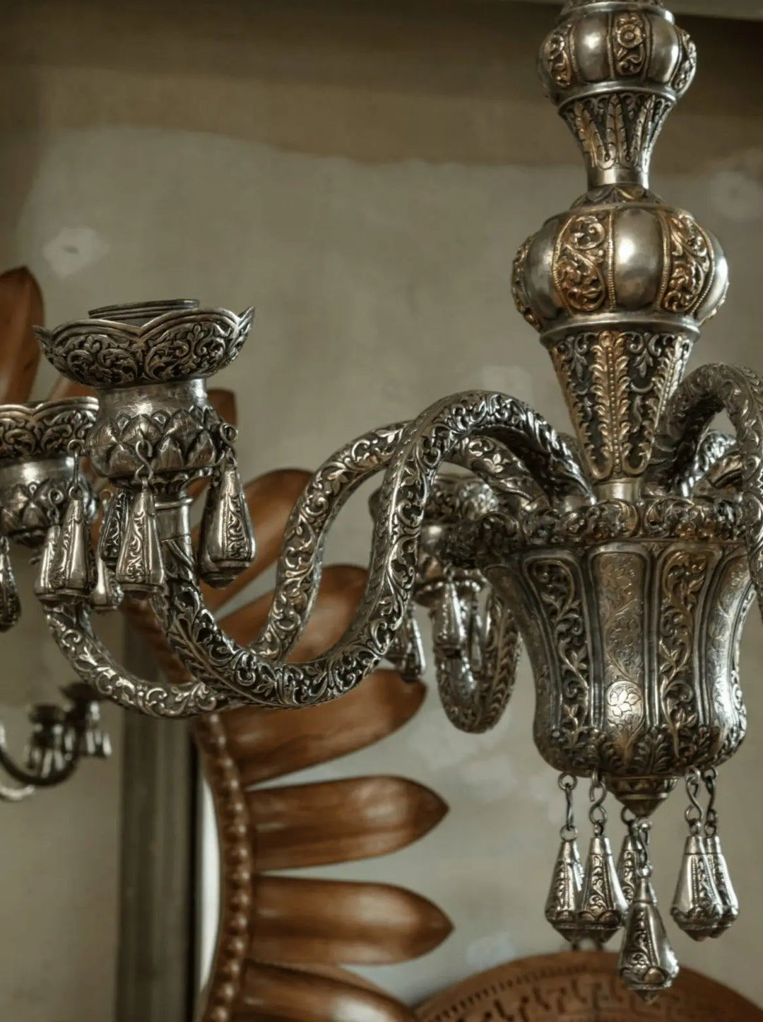 Repoussé silver six arm Indian chandelier with intricate detailing from Collection EE20 solid silver circa 1900