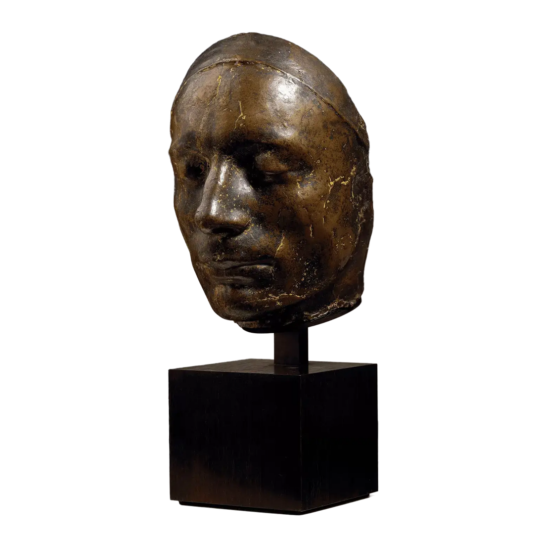 Benjamin Robert Haydon life mask cast of John Keats mounted on wooden base circa 1816 England.