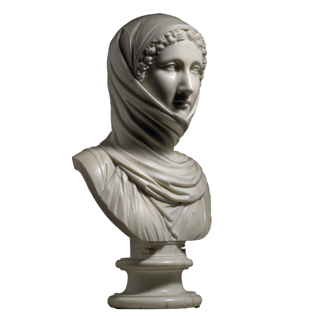 Marble bust of a veiled woman titled La Zingarella by Carlo Albacini offered by Nwtiques