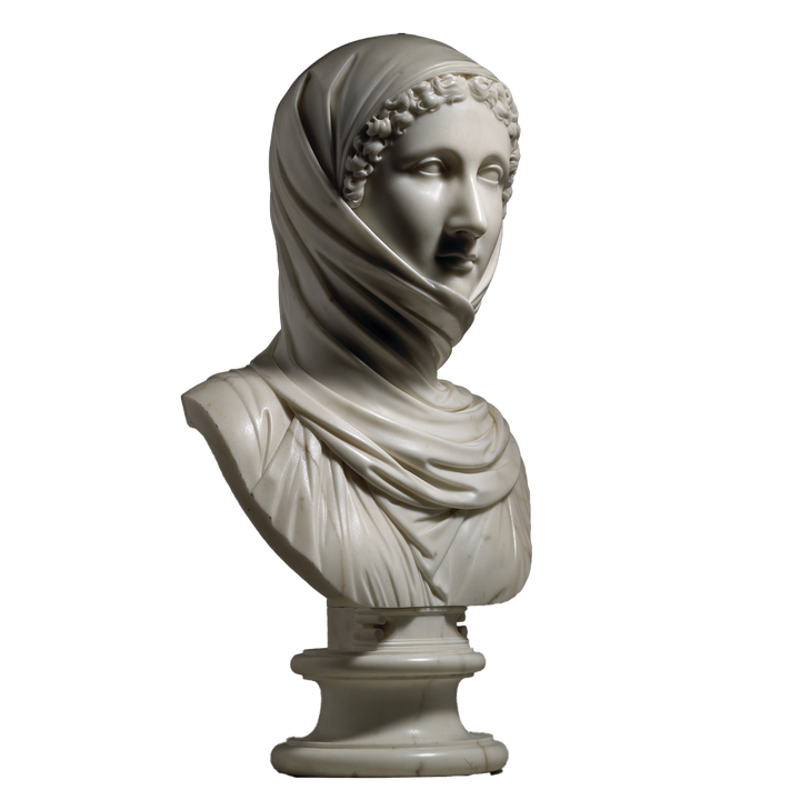 Marble bust of a veiled woman titled La Zingarella by Carlo Albacini offered by Nwtiques