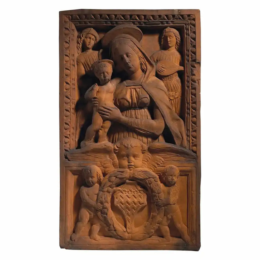 Italian Terracotta Relief Panel Virgin and Child 19th-century devotional artwork with intricate Renaissance-style details