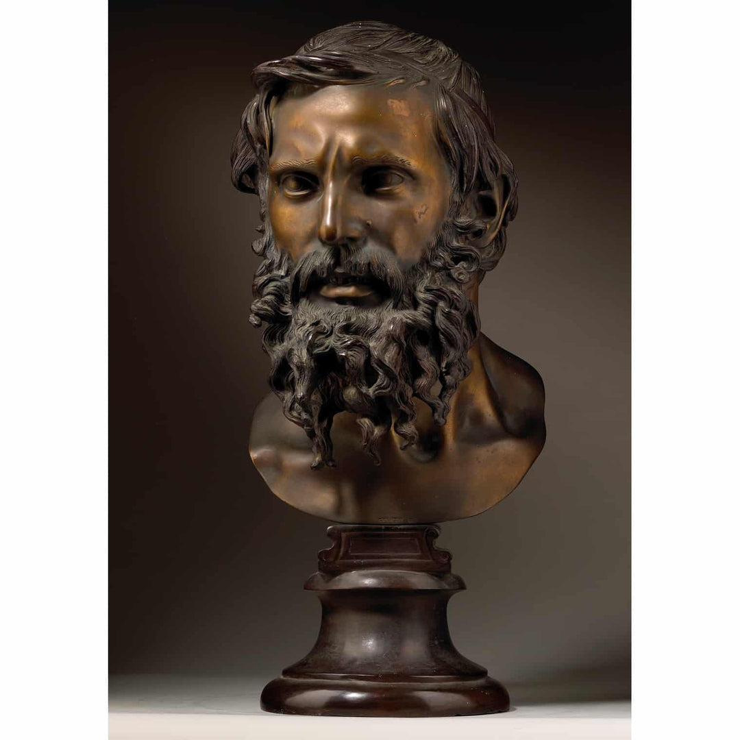 Vincenzo Gemito bronze bust sculpture of philosopher Il Filosofo with brown gold patina on pedestal circa 1890