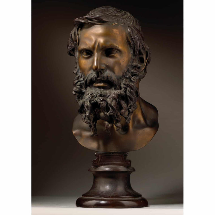 Vincenzo Gemito bronze bust sculpture of philosopher Il Filosofo with brown gold patina on pedestal circa 1890
