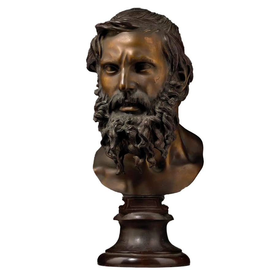 Vincenzo Gemito bronze bust of Il Filosofo, Italian antique philosopher sculpture with brown gold patina, circa 1890.
