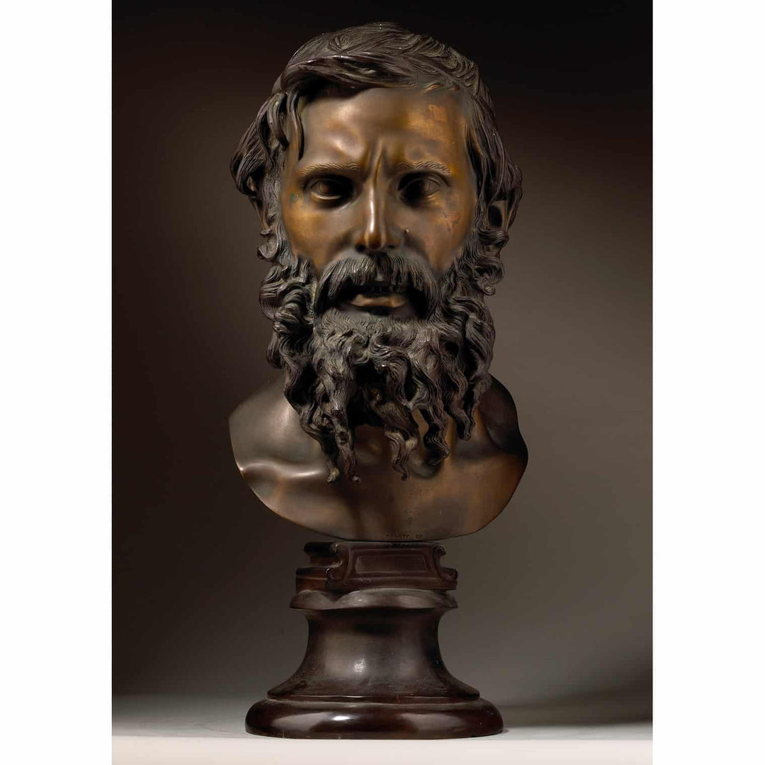 Vincenzo Gemito bronze bust of a philosopher with detailed beard and patina, circa 1890, Naples, Italy.