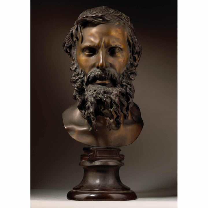 Vincenzo Gemito bronze bust of a philosopher with detailed beard and patina, circa 1890, Naples, Italy.