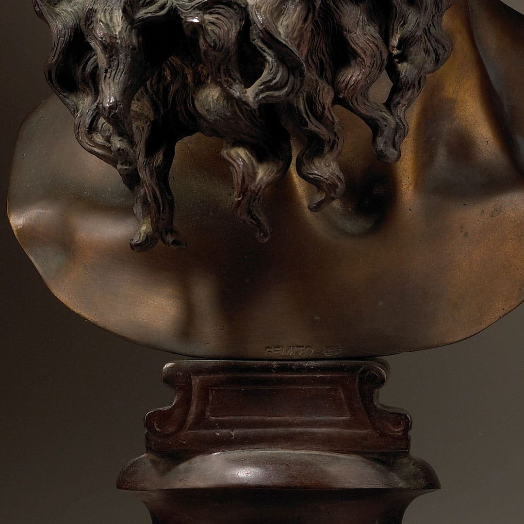 Vincenzo Gemito bronze bust Il Filosofo with brown gold patina and signature on chest from late 19th century Italy