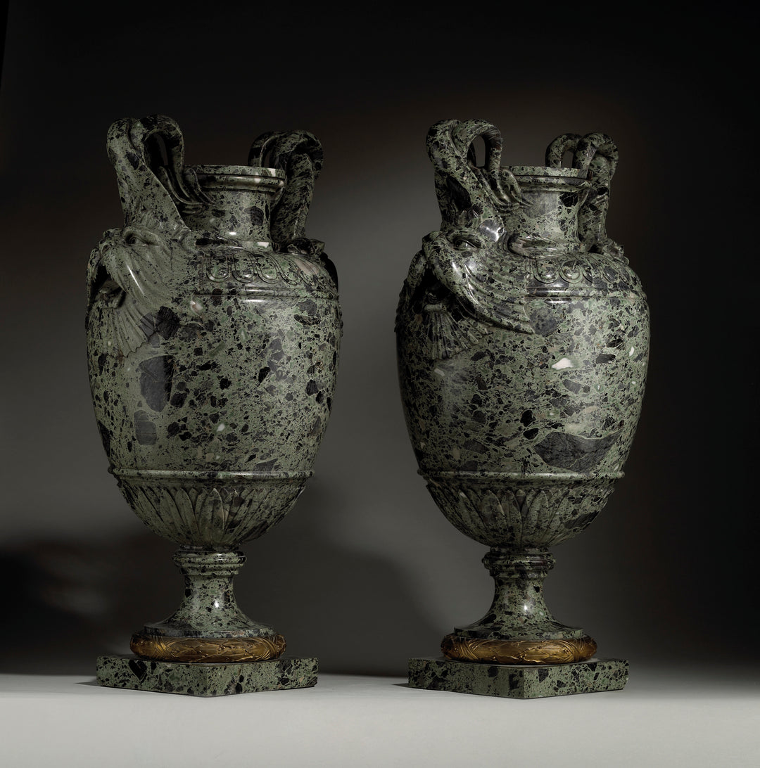 Pair of green marble vases with marine animal handles and gilt bronze by Nicholas Wells Antiques
