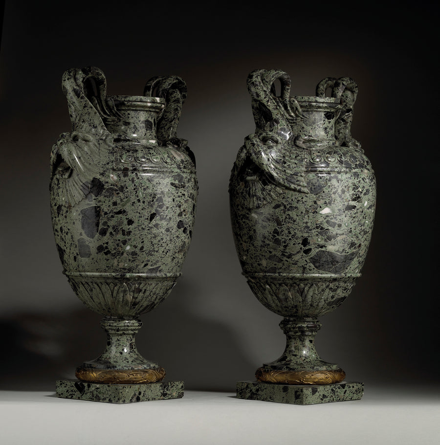 Pair of green marble vases with marine animal handles and gilt bronze by Nicholas Wells Antiques