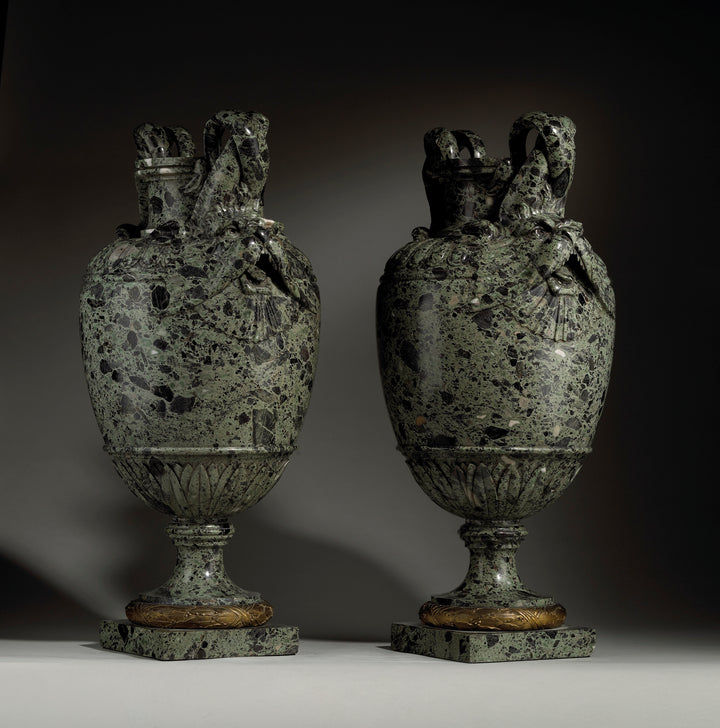 Pair of green marble vases with marine animal handles and gilt bronze laurel frieze by Nicholas Wells Antiques