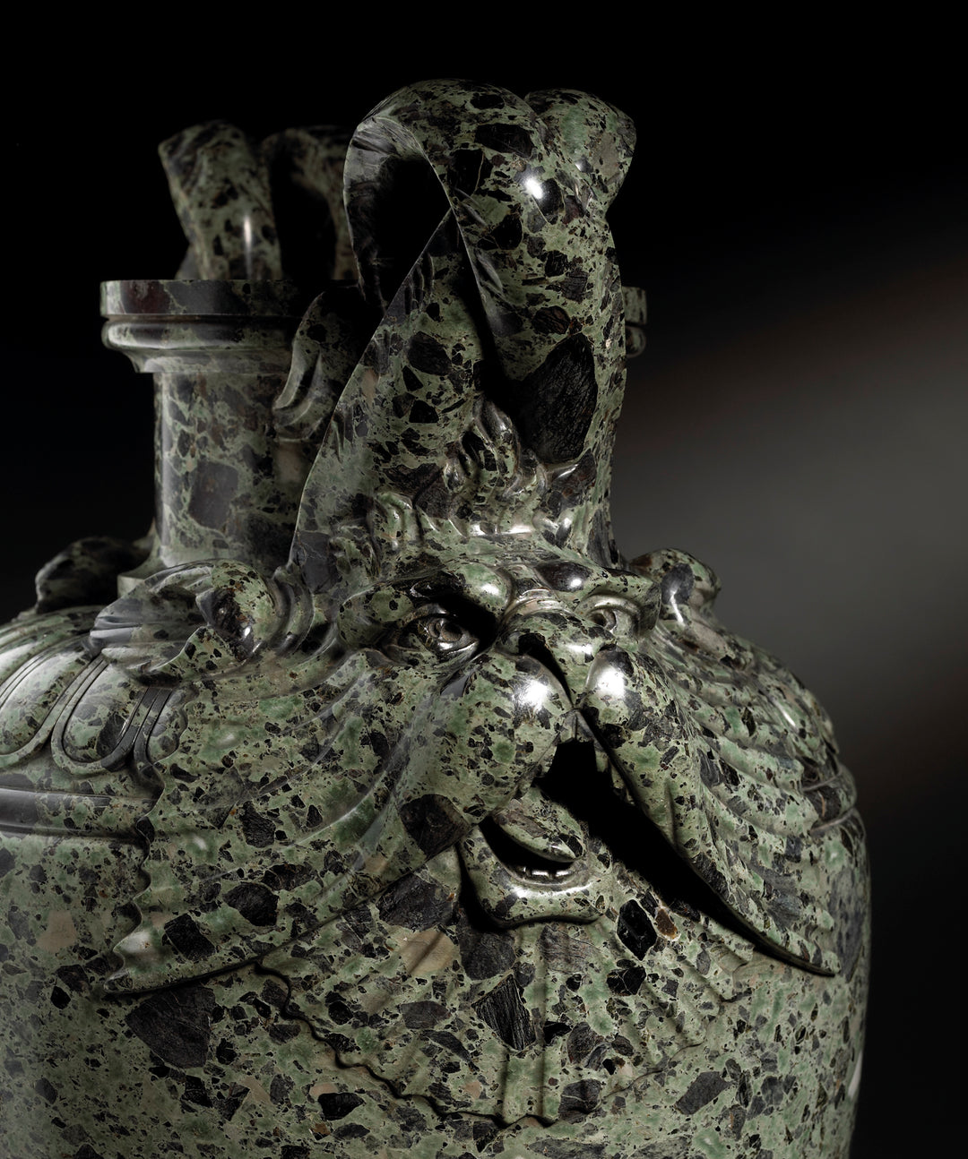 Close-up of green marble vase with detailed marine animal handle by Nicholas Wells Antiques