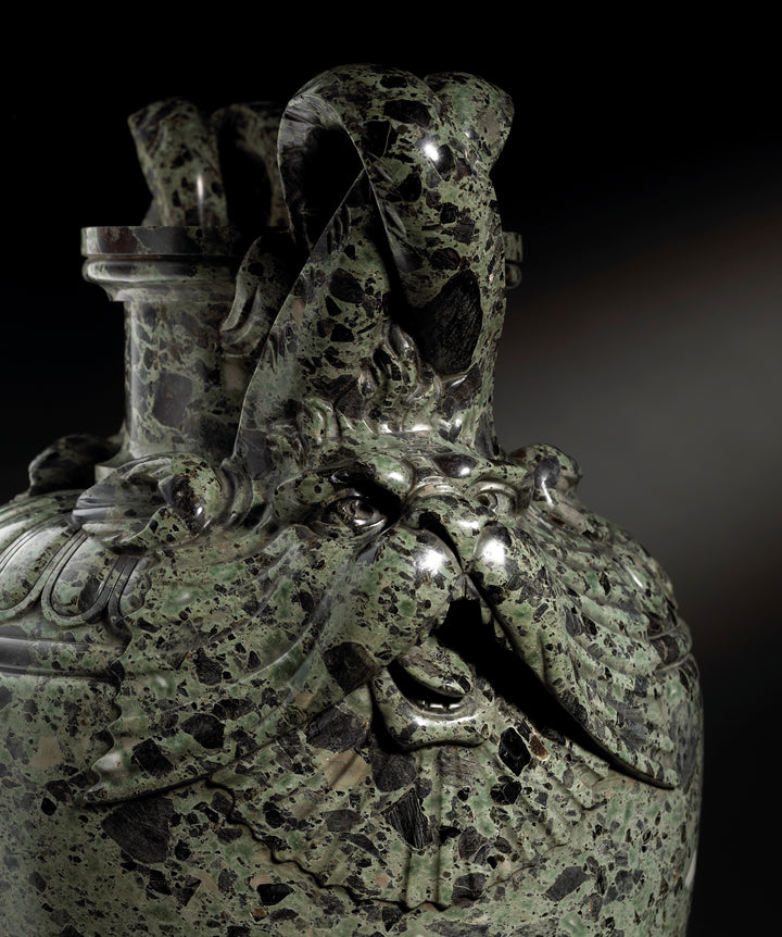 Close-up of green marble vase with detailed marine animal handle by Nicholas Wells Antiques