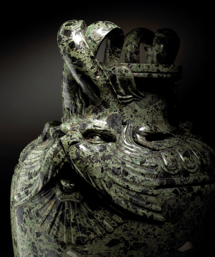 Close-up of a green marble vase with detailed marine animal handle by Nicholas Wells Antiques