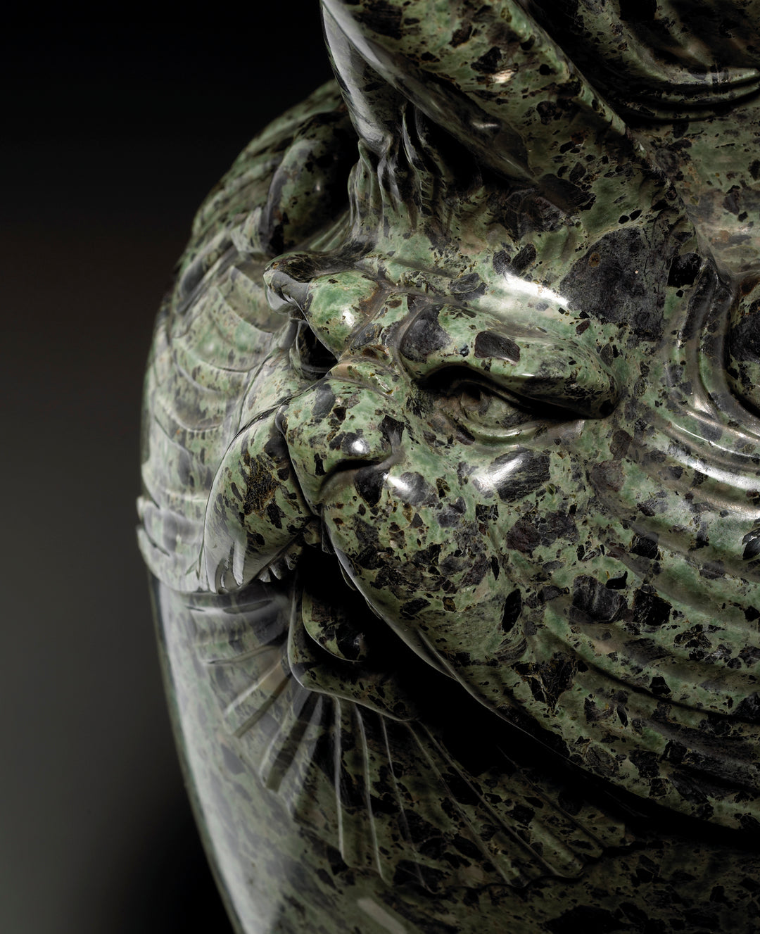 Close-up of green marble vase with detailed marine animal handle by Nicholas Wells Antiques