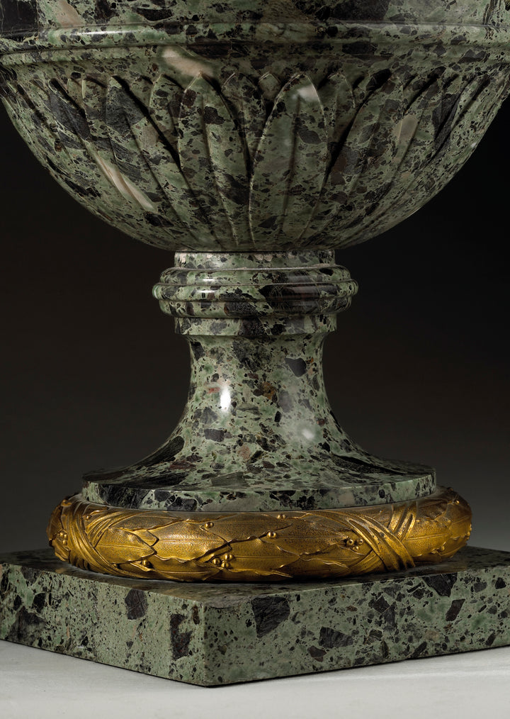 Close-up of green marble vase base with intricate chased gilt bronze laurel frieze by Nicholas Wells Antiques